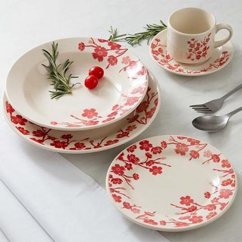 Aparelho de Jantar, Chá e Sobremesa 20 Peças Biona Jardim Oriental em Cerâmica – Branco/Vermelho