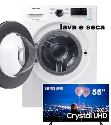 Smart TV 55” Samsung Crystal UHD 55TU8000 4K + Lava e Seca Samsung 11Kg WD11M4453JW Branca com EcoBubble – 127v