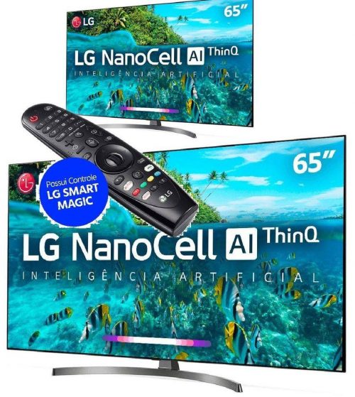 Smart TV LED 65'' LG 65SM8100 Ultra HD 4K Nanocell com Conversor Digital 4 HDMI 3 USB Wi-Fi Thinq Ai - Preta Controle Smart Magic