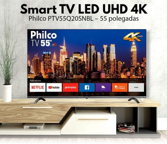 Smart TV LED 55” Philco PTV55Q20SNBL Ultra HD 4k HDR Borda Infinita Com Aplicativos E Audio Dolby