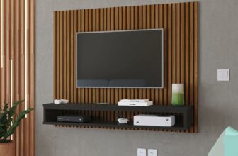 Estante Painel Suspenso TV 32 36 39 40 42 46 47 50 Polegadas Nicho Decorativo Prateleira Parede Quarto Sala Estar Moderna – Ripado Freijó/Preto – RPM Móveis